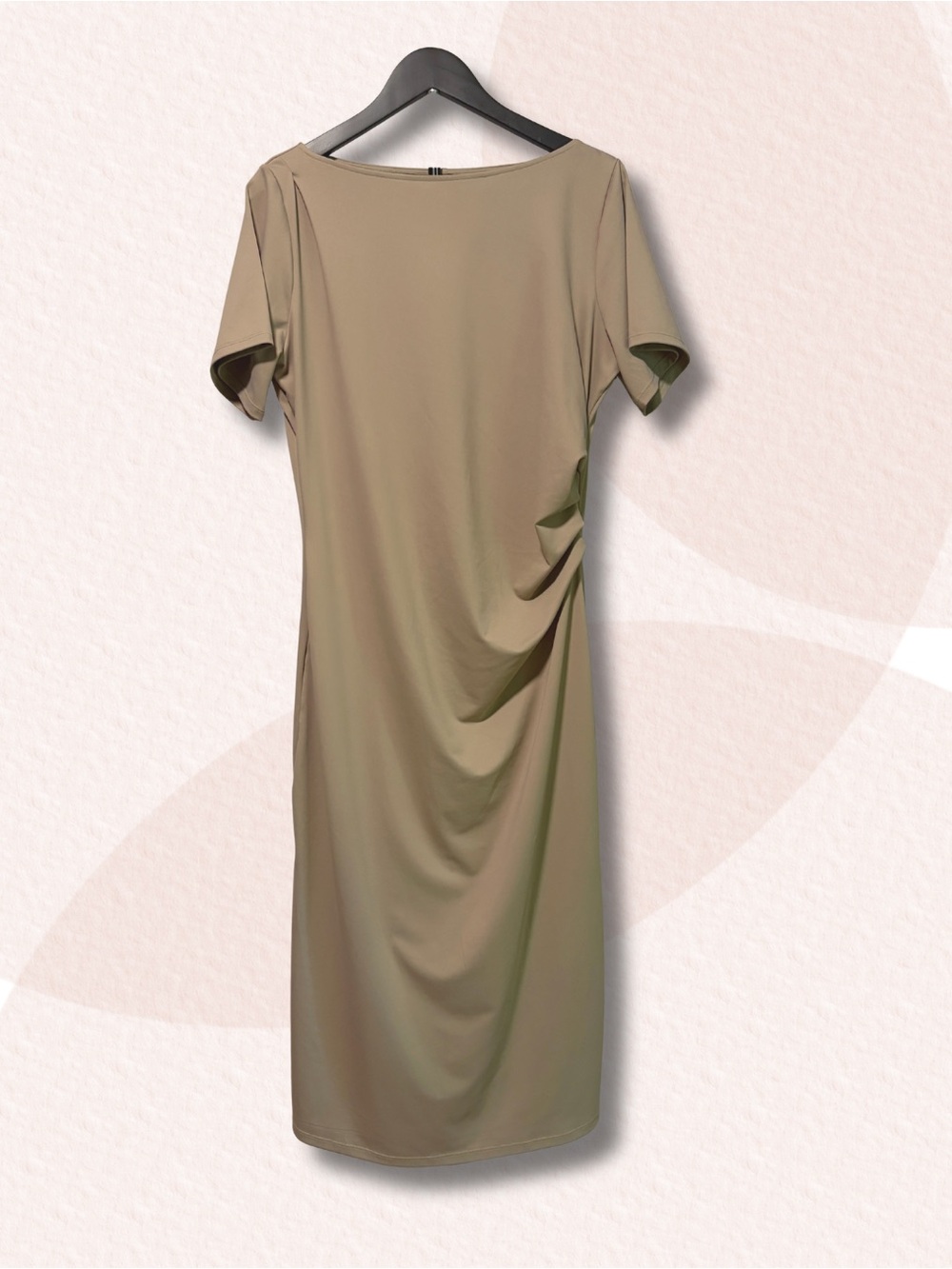 Halara Taupe Ruched Bodycon Midi Dress | Short Sleeve | Sz L | Excellent